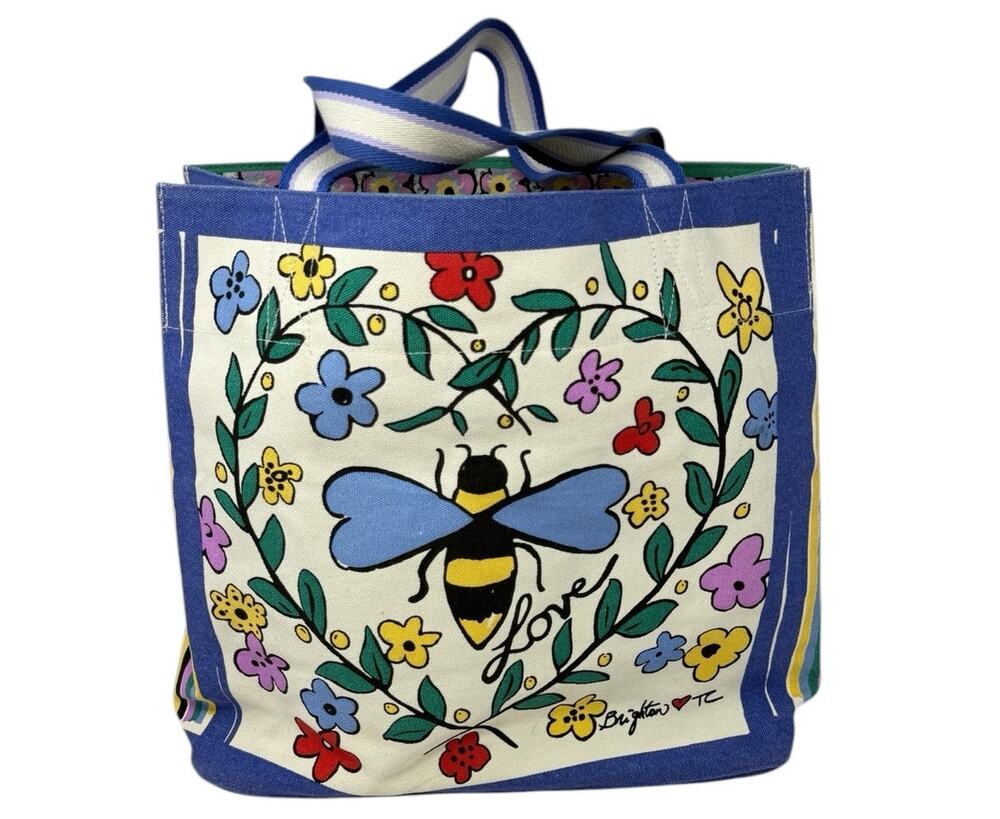 Brighton Floral Striped Bumble Bee Canvas Tote Bag Blue Cream Garden Print Large